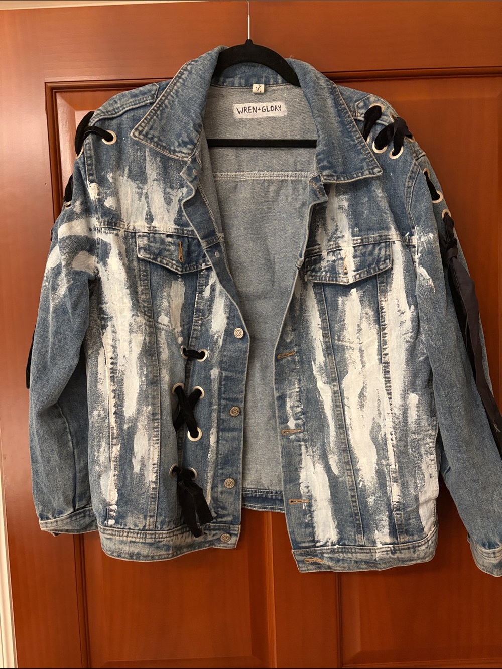 Wren+Glory Distressed Blue Lace-Up Denim Jacket